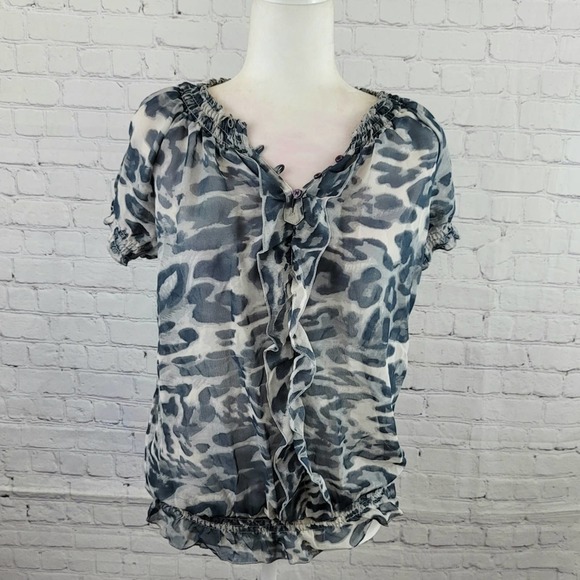 Jennifer & Grace Sheer Animal Print Elastic Collar Waist & Sleeve Size M Blouse - Picture 1 of 9